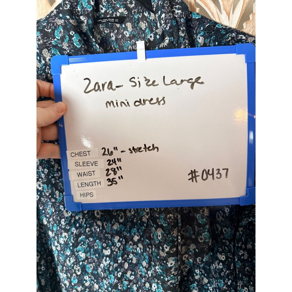 Zara Women Teal Black Floral Plisse Mini Dress Tie Neck Ruffle Long Sleeve Large - Picture 6 of 11